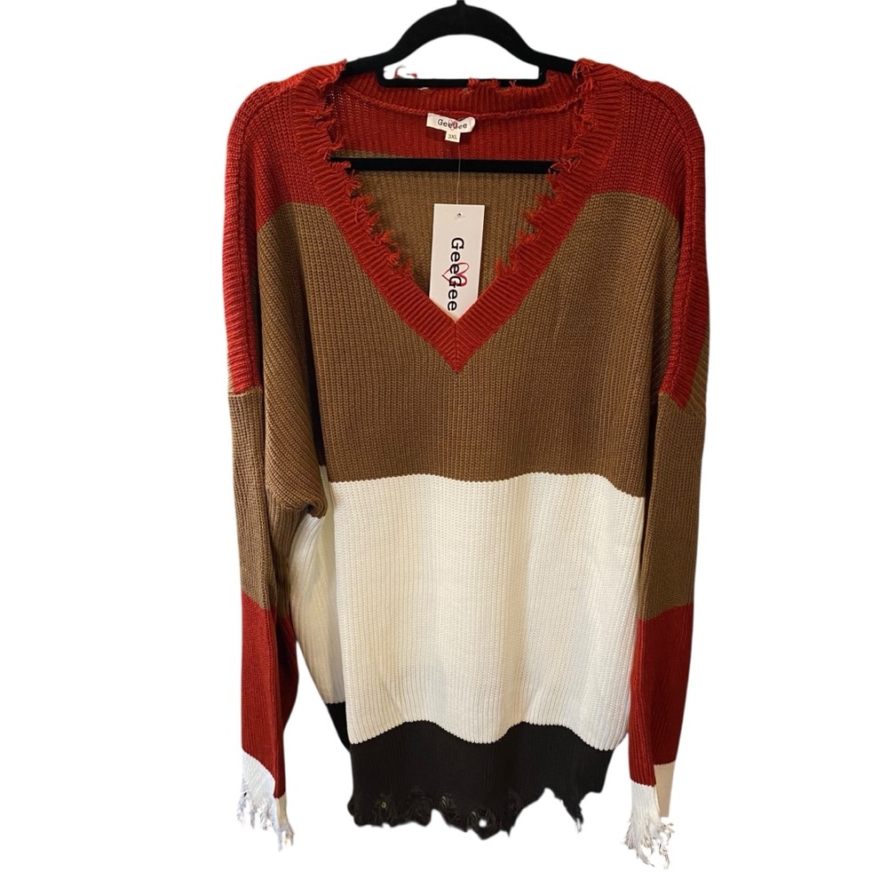 GeeGee Raw Hem Distressed Color Block Boho Sweater Womens Plus Size 3XL NWT